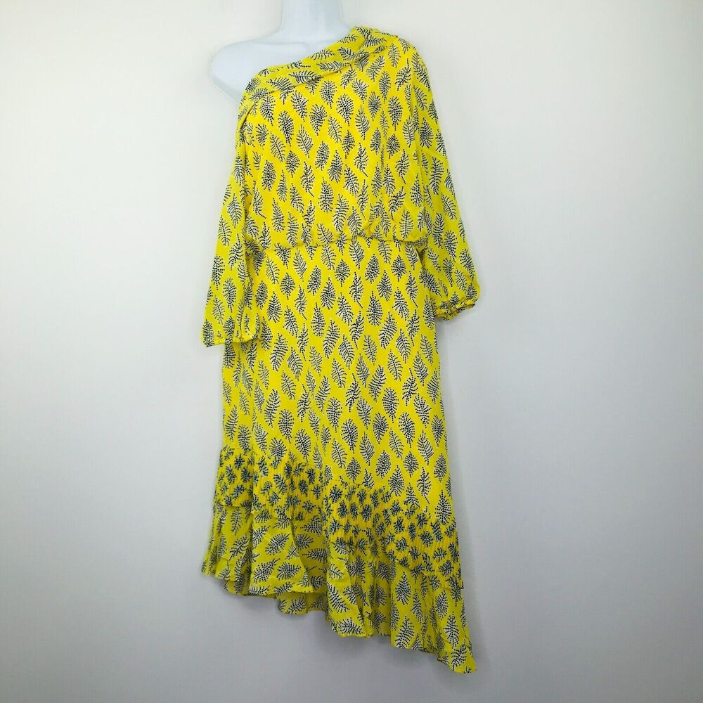 Saloni Women 12 Dress Yellow Black Silk One Shoulder Asymmetric Blouson NWT BP30